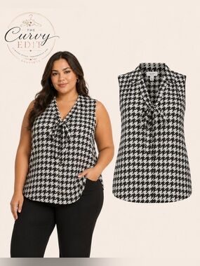 NWT Tahari  Classic Sleeveless Houndstooth V-Neck Blouse - Black & White 1X